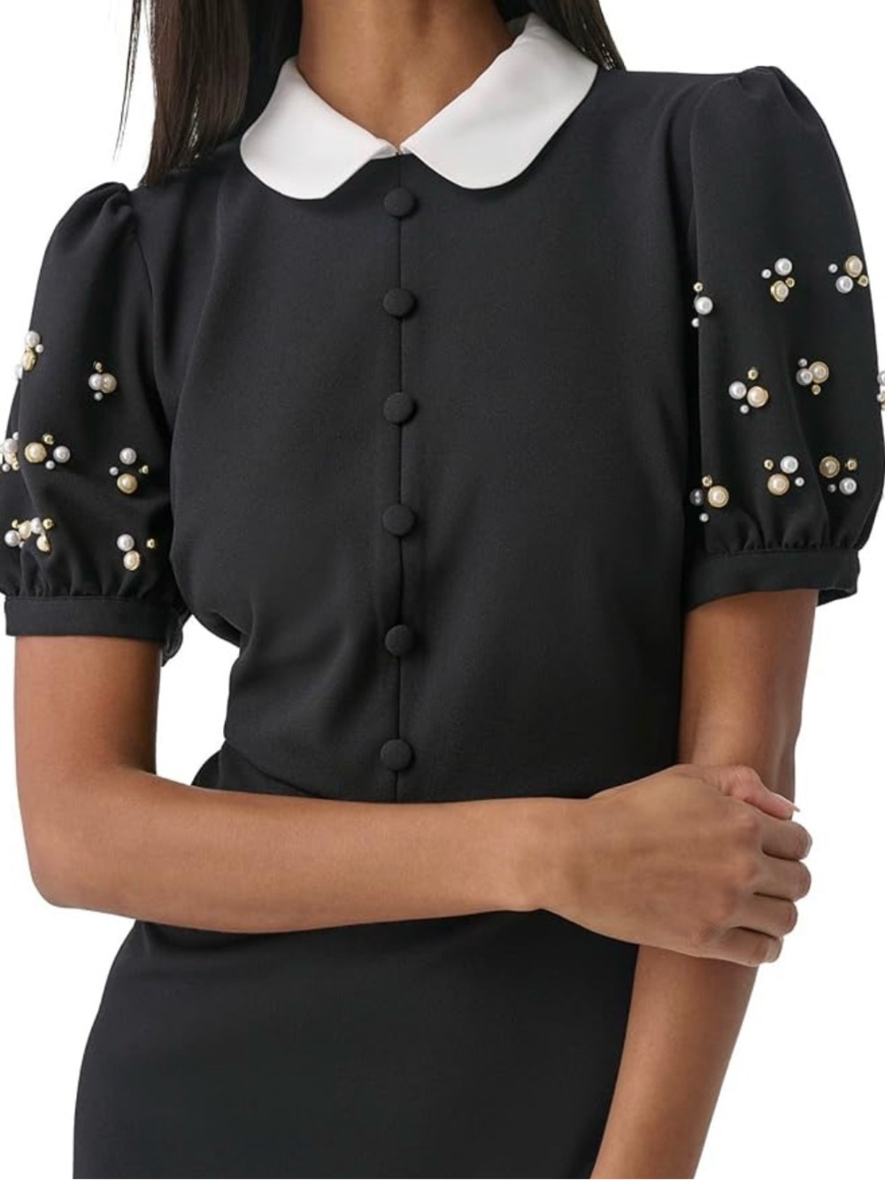 Girls Black Pearl-Embellished Dress with White Peter Pan Collar